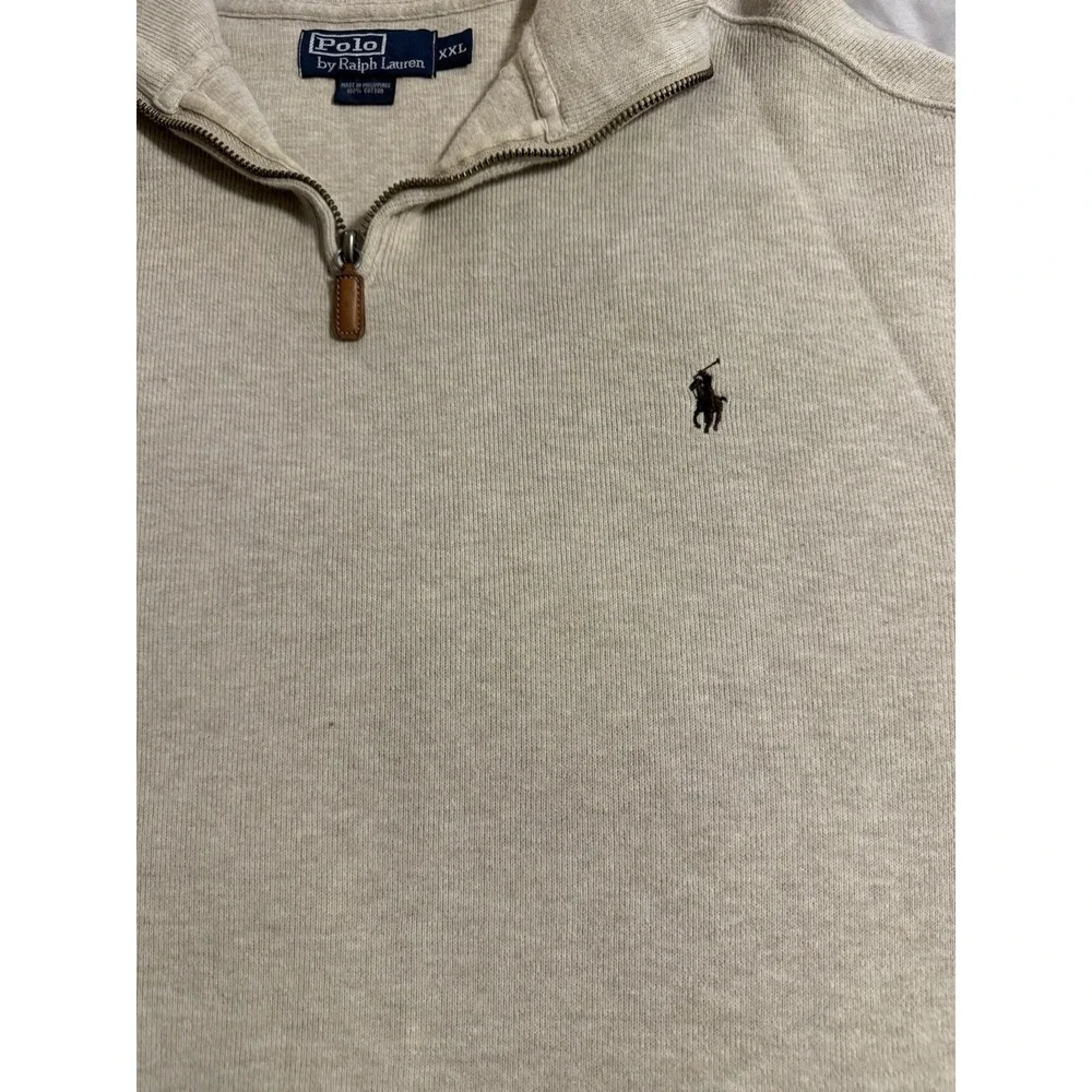 Polo Ralph Lauren Sweater Men's 2XL Cream 1/4 Zip Pullover Mock Neck Brown Pony